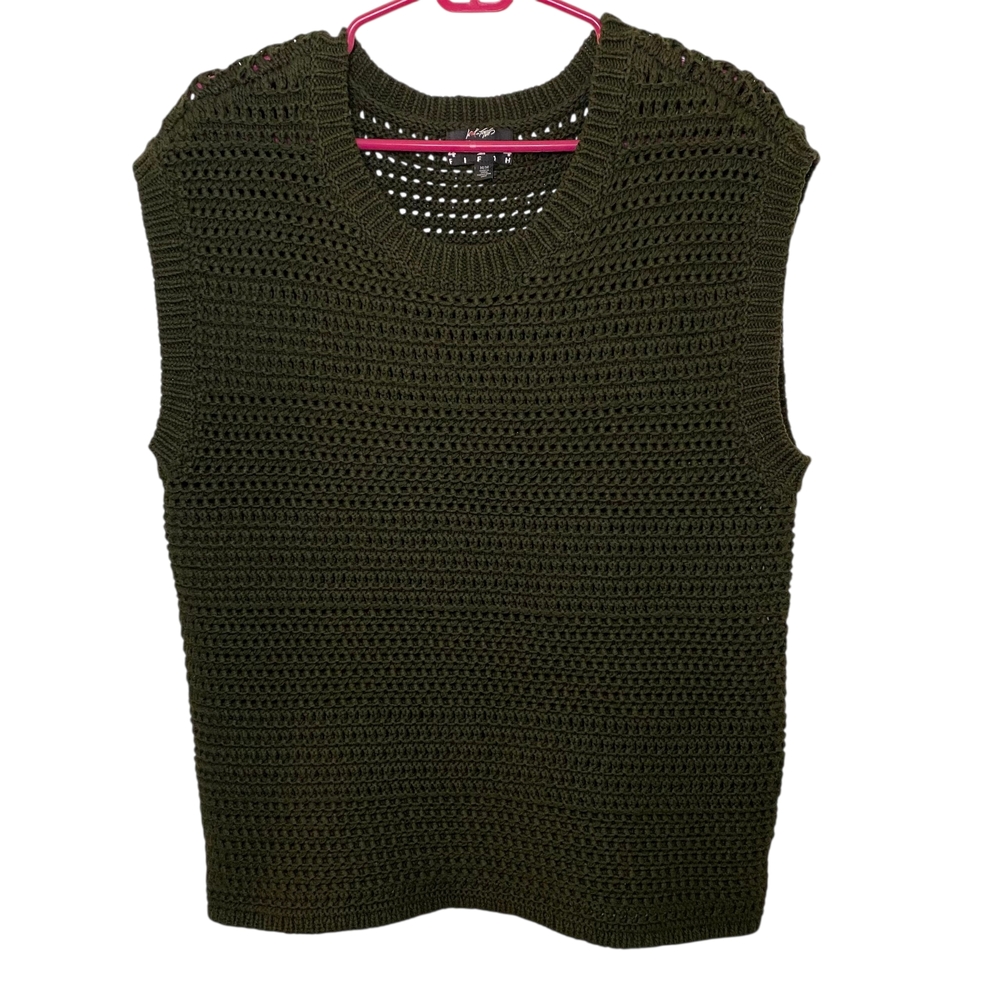 Lord & Taylor 424‎ FIFTH Open Knit Linen Blend Sweater Vest Dark Green - Picture 2 of 9